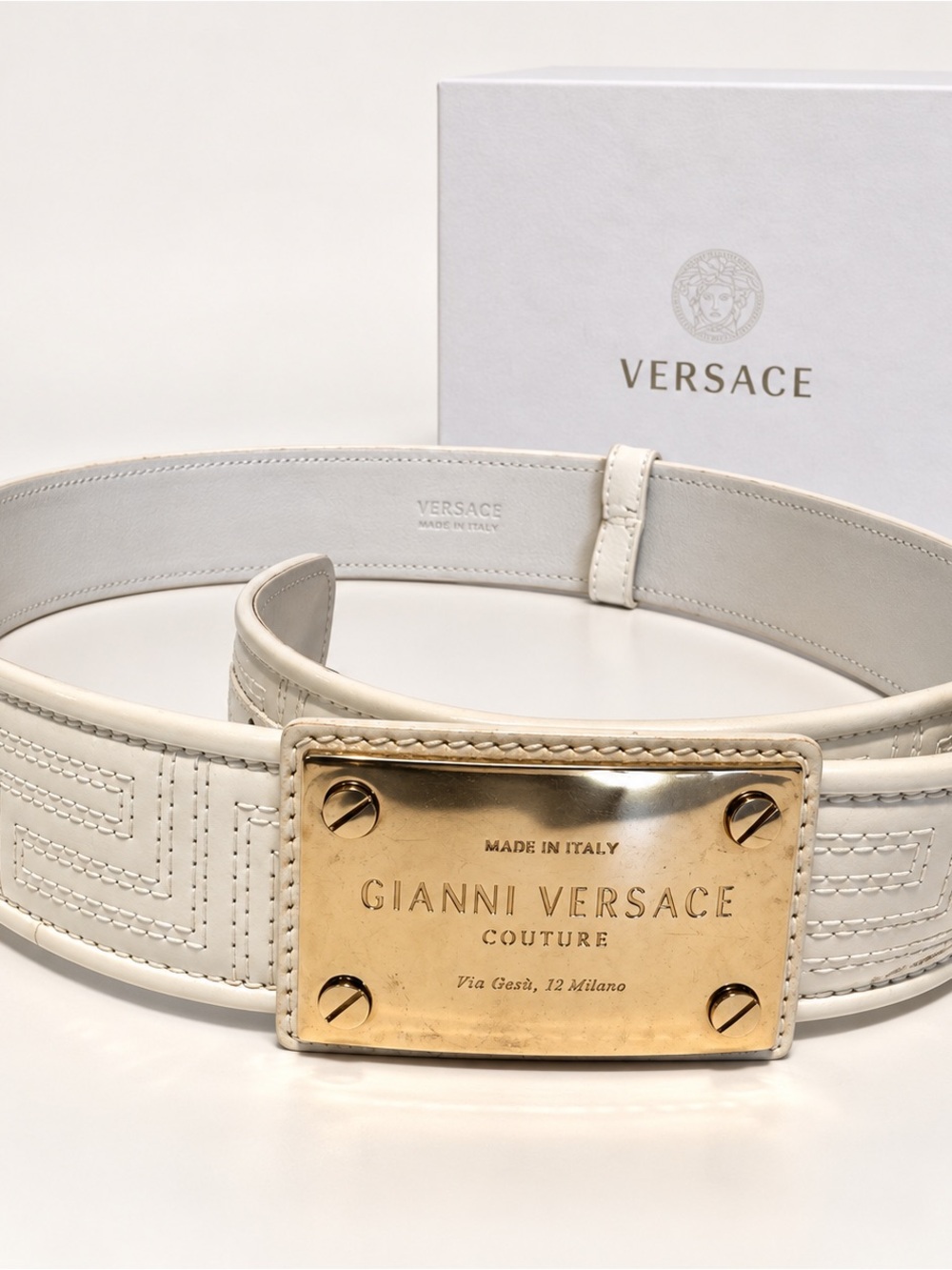 Gianni Versace Couture White Greca Leather Belt 90/36 with Box